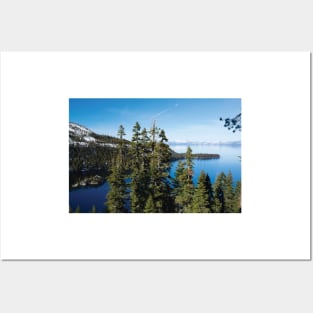 Trees At Lakeshore With Mountain Range In The Background Lake Tahoe Posters and Art